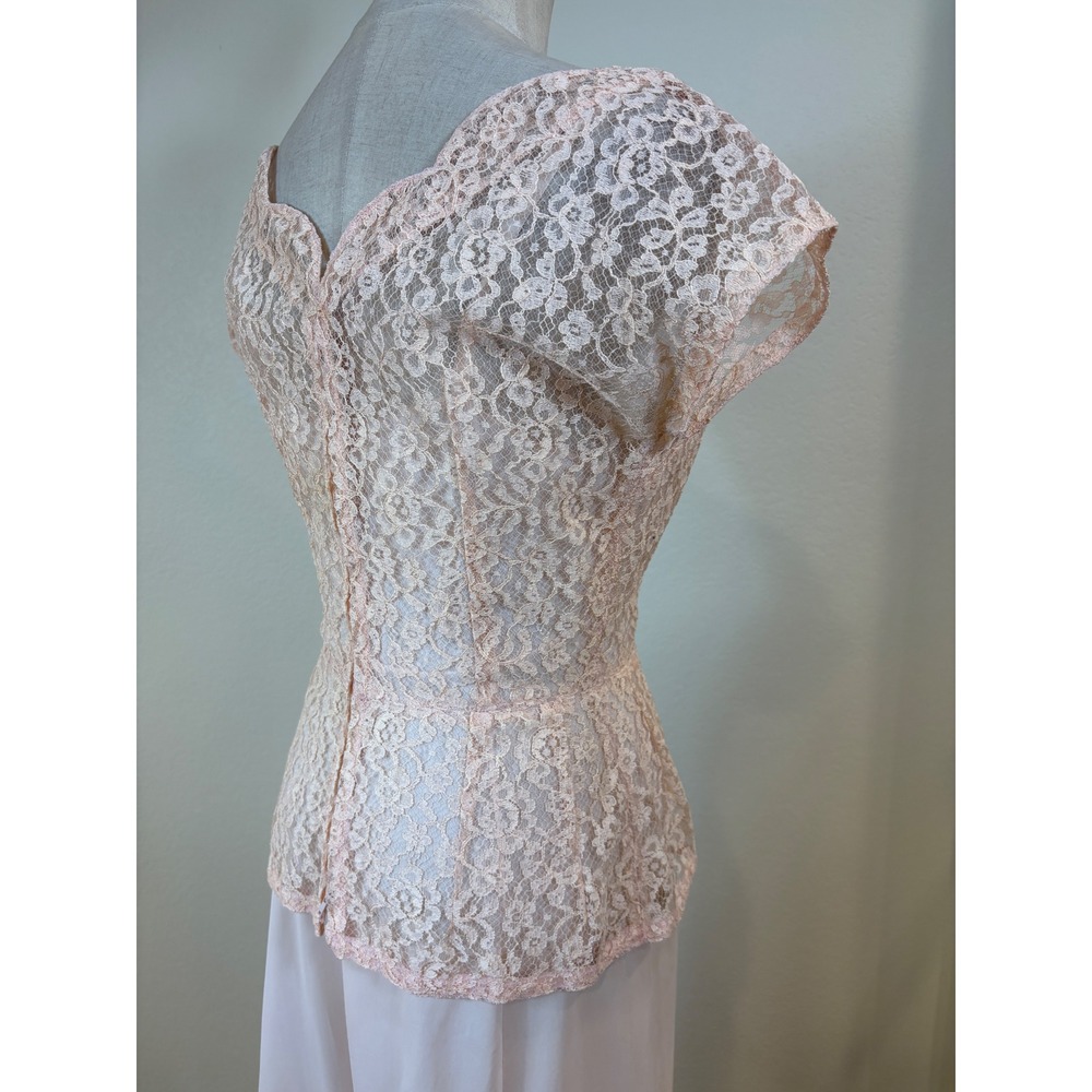 Vtg 50s Lace Top Scarf Slip Set S Pink 3pc Ensemble Romantic Formal cocktail - Picture 5 of 14